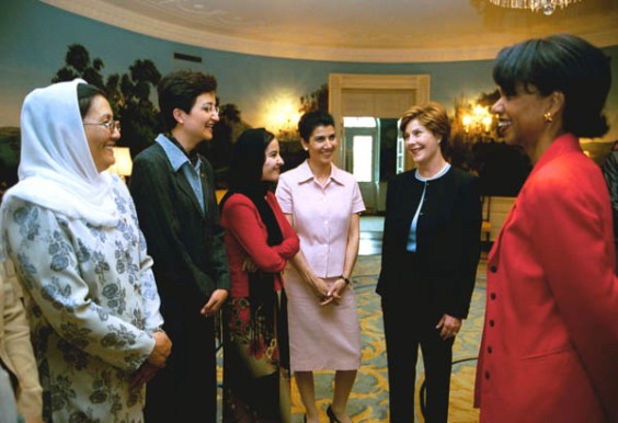 Laura Bush, Condoleza Rice advocate for Afghan women's rights.