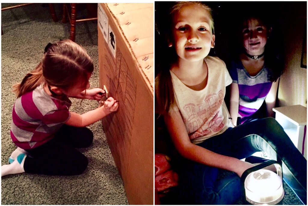 Creative play! Making a box hut!